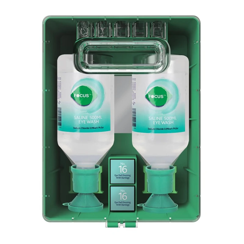 Reliance Medical Focus Double Eye Wash Station - First Aid Kit with 2X 500ml Eye Wash Bottles, 5X 20ml Pods, Eye Pad Dressings, Wall-Mountable, Durable ABS Plastic for Fast Emergency Response