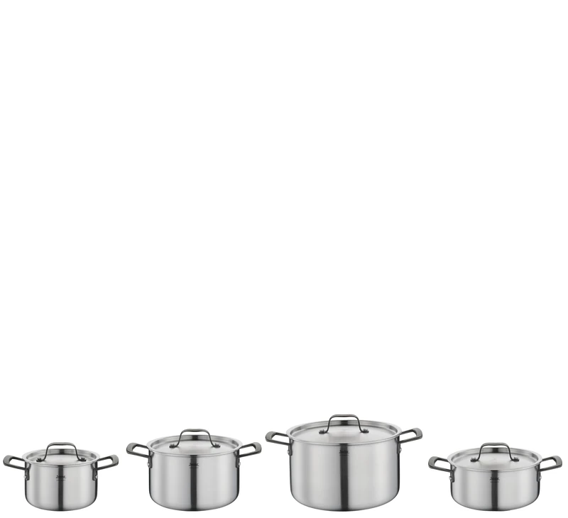 Spring Gourmet Pot Set, 4 Pieces, Multilayer Pots with Stainless Steel Lid, Oven-Safe, with Inner Scale, Cooking Pot Diameter 16, 20, 24 cm, Stewing Pan Diameter 20 cm, Black