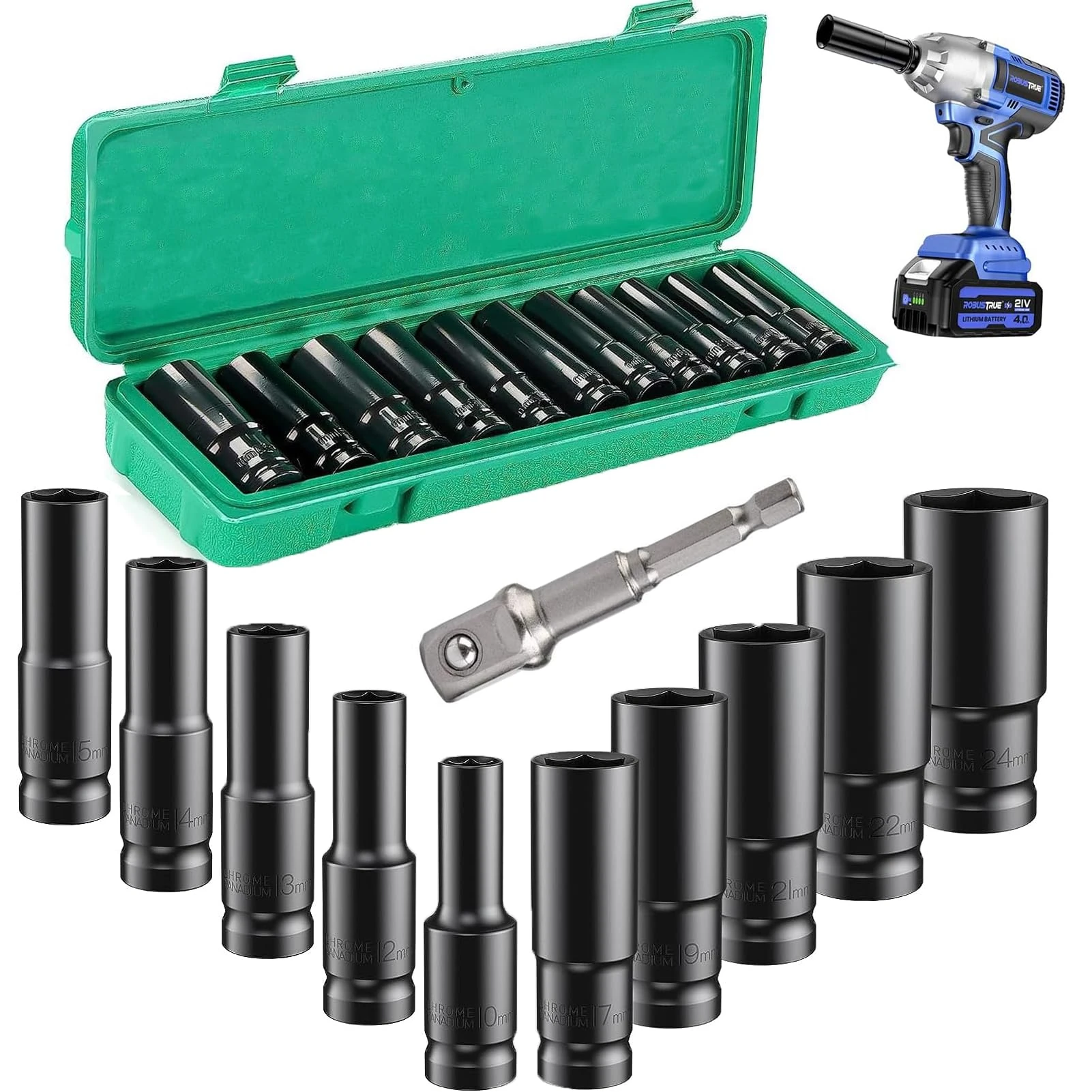 Deep Impact Socket Set,11Pcs 1/2" Socket Sets 10-24mm with Driver Socket Extension and Plastic Storage Box for Automotive Home DIY Repair (11Pcs)