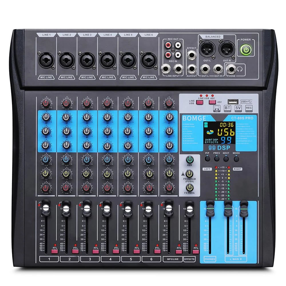 BOMGE Professional Mixer Sound Board Console 8Channel Desk System w/USB Audio Interface USB-B Recording, BT Function, 99 DSP Effects, 48V Phantom Power Stereo DJ Studio FX Steel