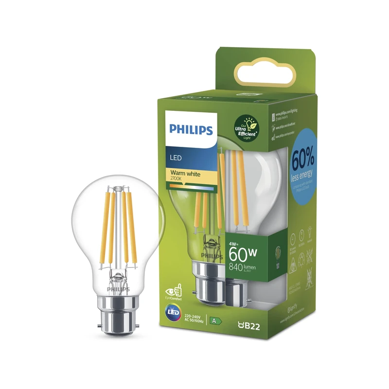 Philips Ultra Efficient 60W LED A60 B22 Warm White 2700K Bulb