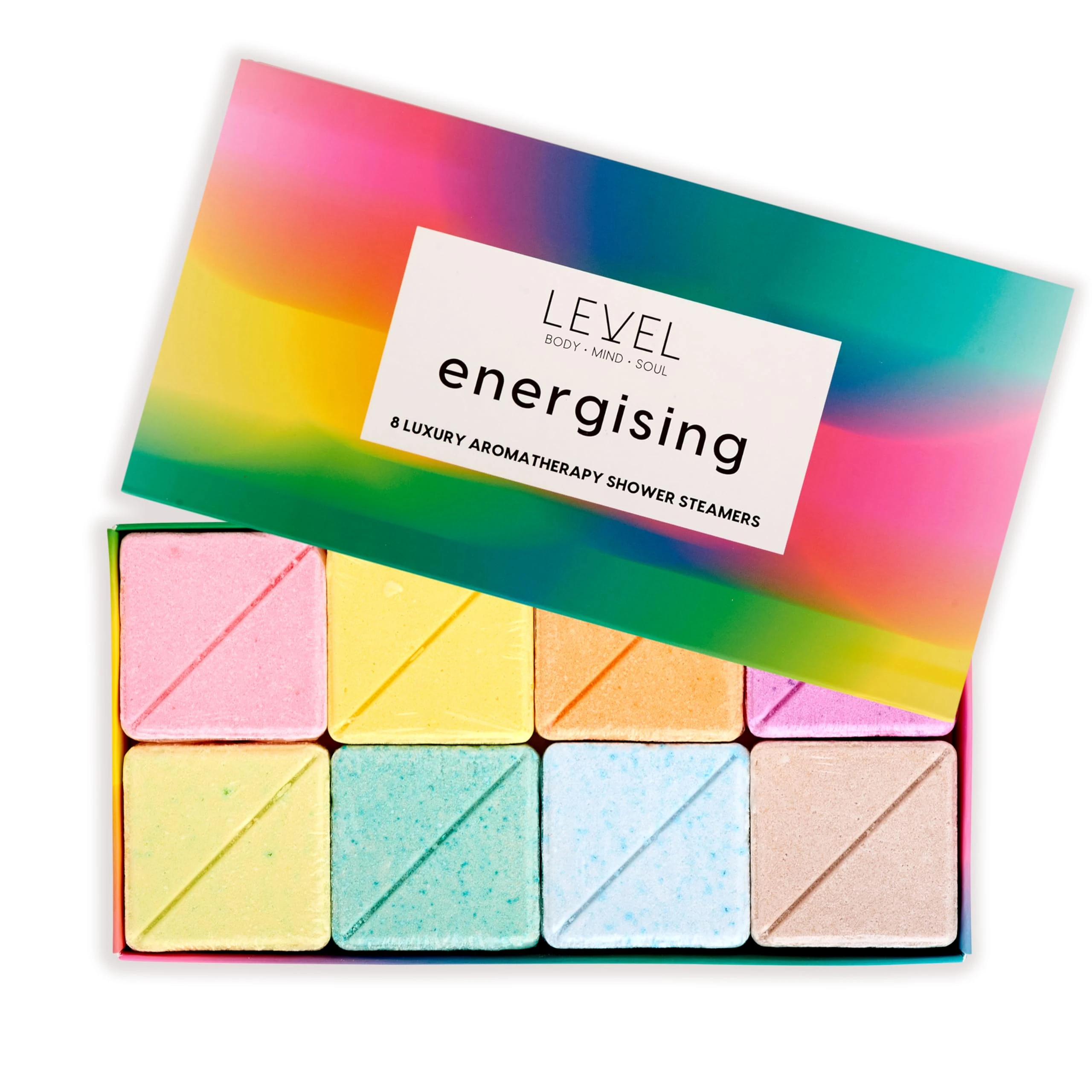 Level Body Mind Soul - Aromatherapy Shower Steamers - Energising, 8 Pack - Birthday Gifts for Women - Shower Bombs with Multiple Fragrances - Self Care Relaxation, Body Restore, Sinus Relief Vapour