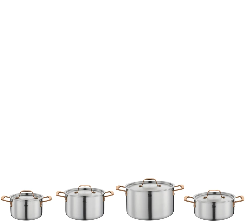 Spring Gourmet Pot Set, 4 Pieces, Multilayer Pots with Stainless Steel Lid, Oven-Safe, with Inner Scale, Cooking Pot Diameter 16, 20, 24 cm, Stewing Pan Diameter 20 cm, Rose Gold