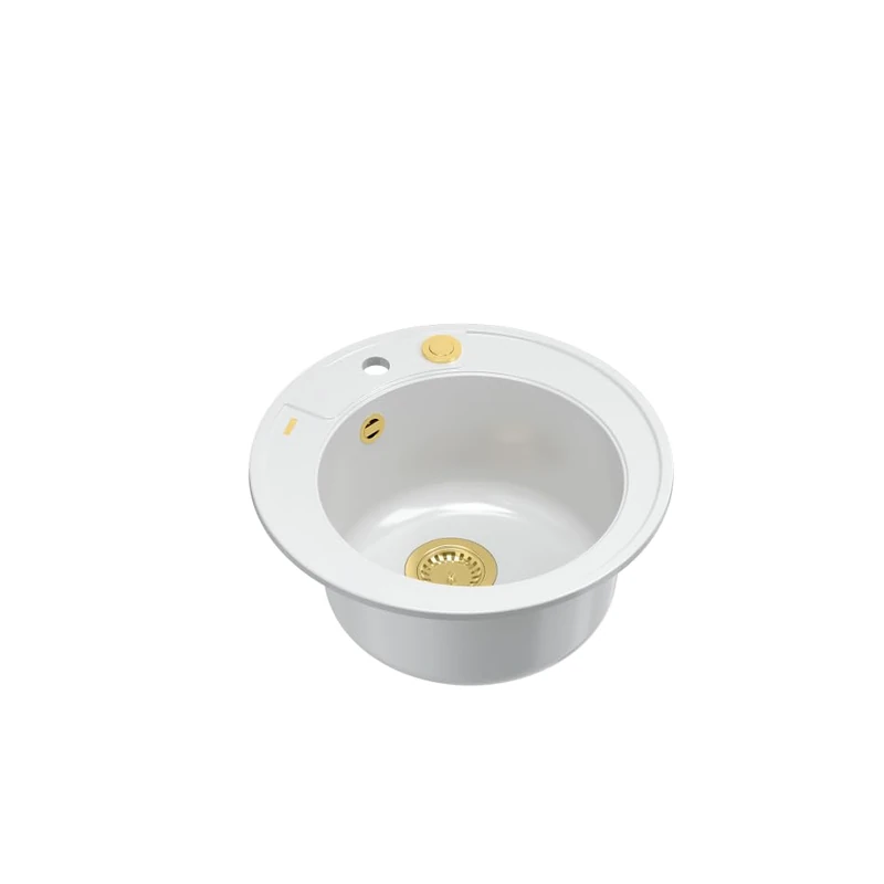 Quadron Morgan 210 Kitchen Sink, 1-Chamber Basin, Dimensions: Diameter 51 cm, Base Cabinet from 45 cm (White + Gold PVD)