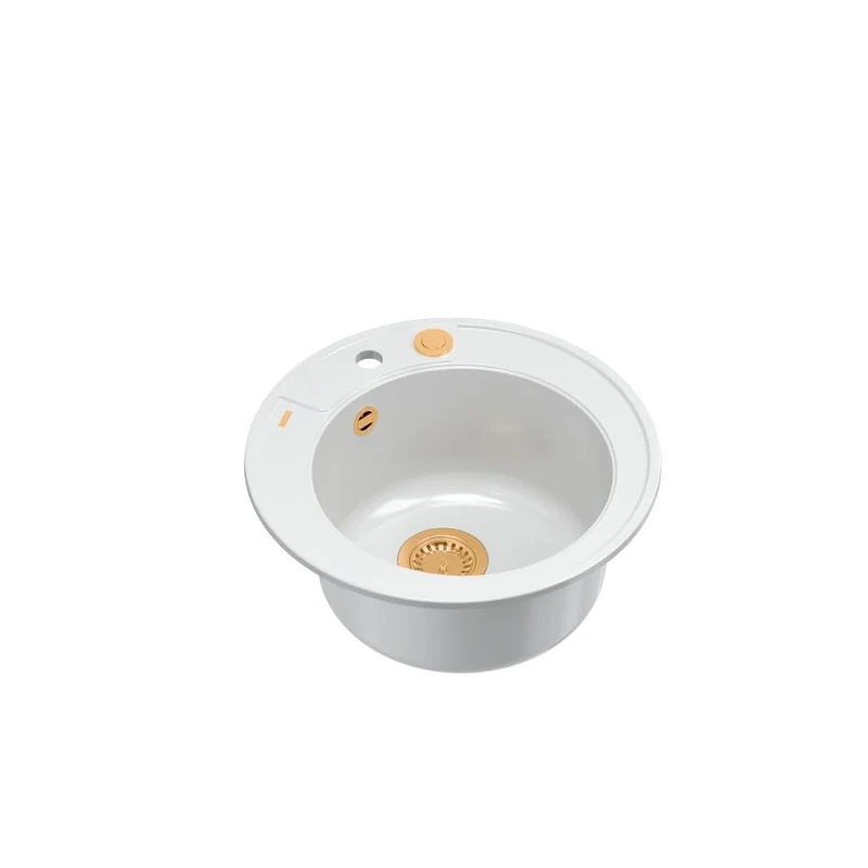 Quadron Morgan 210 Kitchen Sink, 1-Chamber Basin, Dimensions: Diameter 51 cm, Base Cabinet from 45 cm (White + Copper PVD)