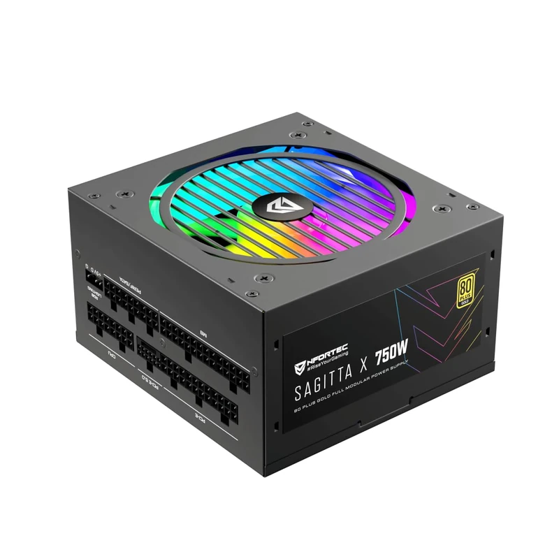 Nfortec, Sagitta X Gaming Power Supply, 750 W, Modular, Certified 80 Plus Gold, 120 mm RGB Fan, Colours and Light Effects, Colour: Black