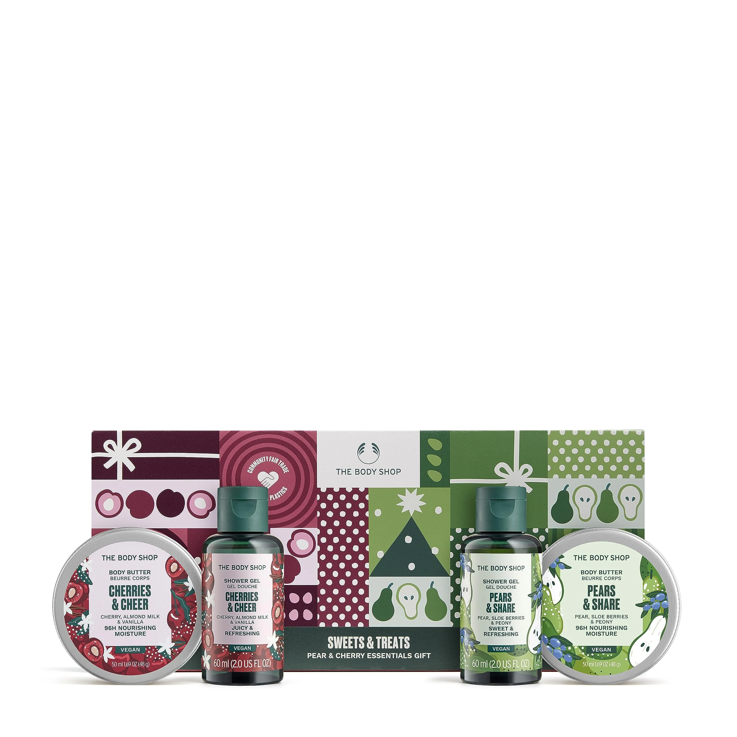 The Body Shop 4 Piece set Sweets Treats Pear and Cherry Essential Gift Body Butter 50ml Shower gel 60ml