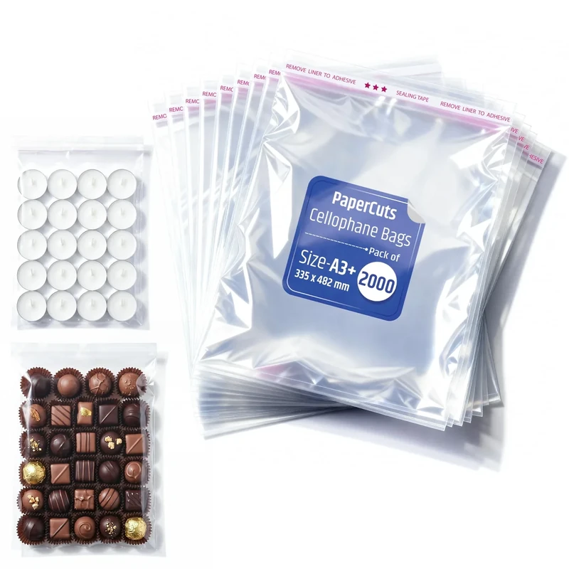 PaperCutz Clear Cellophane Bags, A3+ (335 x 482mm) (500 Bags) Self-Adhesive, Sealed Bag for Envelopes, Cards, Sweets, Clothes, Sealable Plastic Bag for Packaging