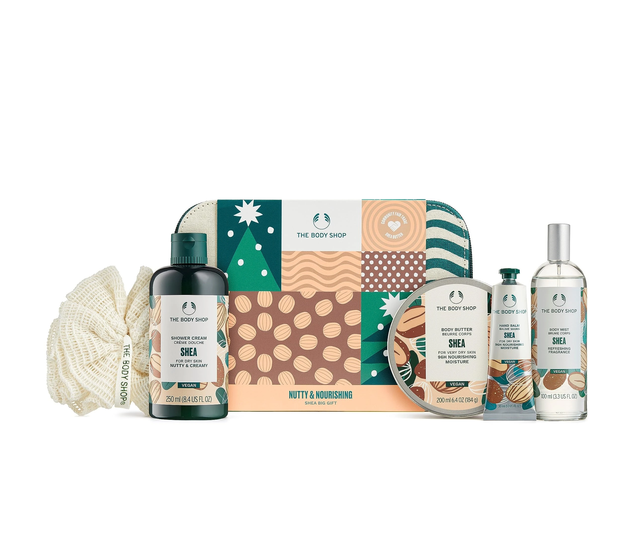 The Body Shop Nutty & Nourishing Shea Big Gift Set - Shower Cream + Body Butter + Hand Balm + Body Mist + Large Ramie Lily