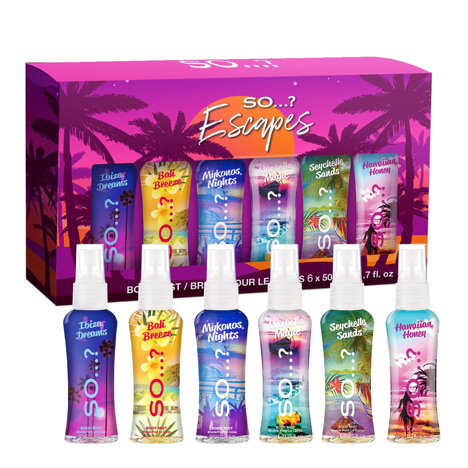 So…? Escapes Grande Womens Gift Set with Ibiza Dreams, Bali Breeze, Mykonos Nights, Santorini, Seychelle Sands, Hawaiian Honey, Body Mist Fragrance Spray Set (6 x 50ml.)