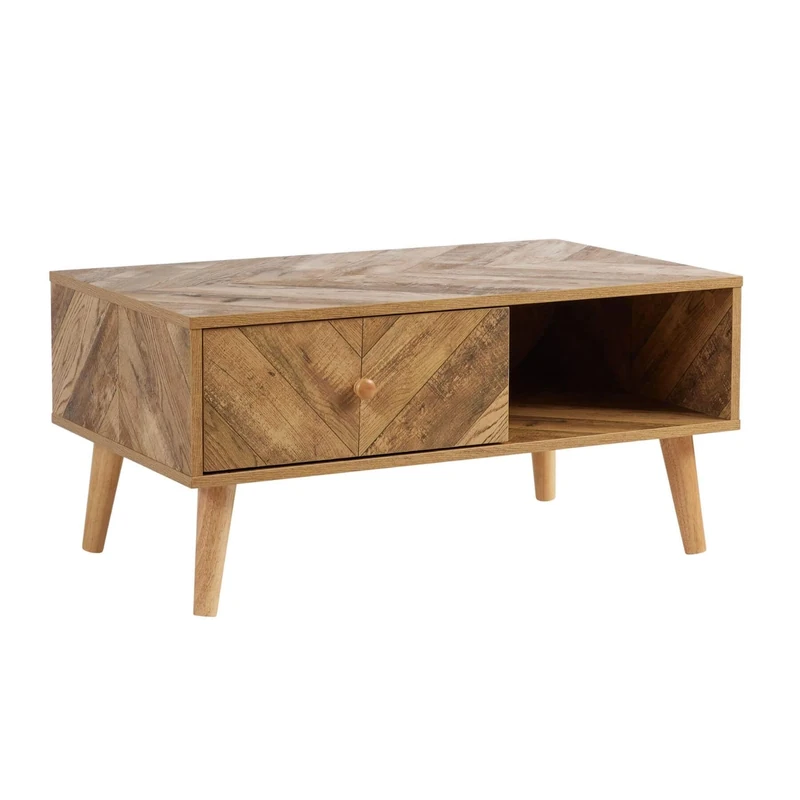 Home Source Coffee Table, 1 Drawer Storage, Natural Wood Effect Finish, 85cm