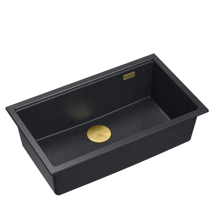 QUADRON Logan 110 Single Bowl Kitchen Sink Granite Sink Undermount from 80 cm Size 70 x 37 x 23.5 cm Colour: Black & Golden
