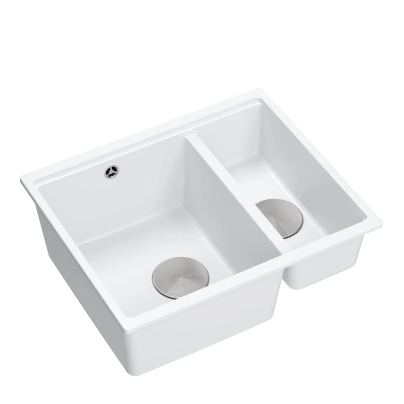 Quadron Logan 150 Kitchen Sink, 2-Chamber Sink, Dimensions: 55.5 x 46 x 22 cm, Cabinet Undermount from 60 cm (White + Steel (Built-in Sink))