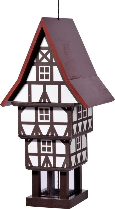 dobar® Design Sugar Loaf Bird Feeder for Hanging with Large Feeder Silo, Weatherproof, Half-timbered Bird House, 20 x 18 x 41 cm, White/Brown/Red - Image 1