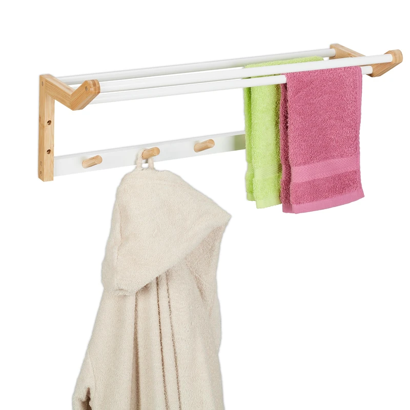 Relaxdays Towel Rail for The Wall, Mounted Bathroom Rack with Hooks & Bars, Bamboo, HxWxD: 22x60x20 cm, Natural/White