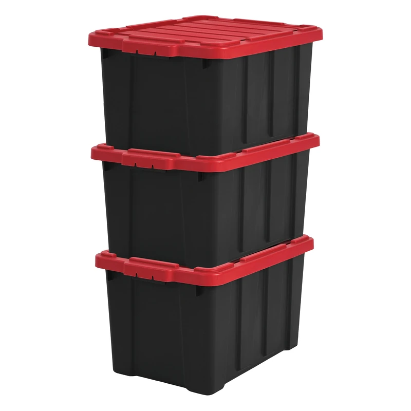 Iris Ohyama, Garage Storage Boxes, Plastic Storage Box with Lids, Closing Clips, 50L/3Pack, BPA Free, Red Lid, W57.5 x D38 x H31.5cm, DDSKT-450