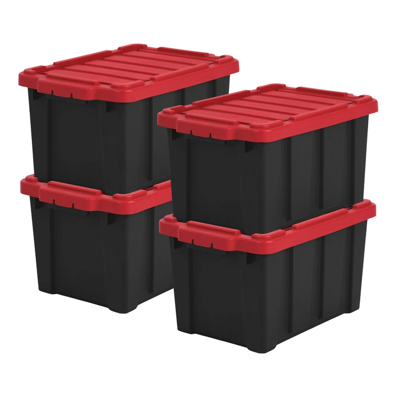Iris Ohyama, Garage Storage Boxes, Plastic Storage Box with Lids, Closing Clips, 21L/4Pack, BPA Free, Red Lid, W44.5 x D29 x H25cm, DDSKT-210