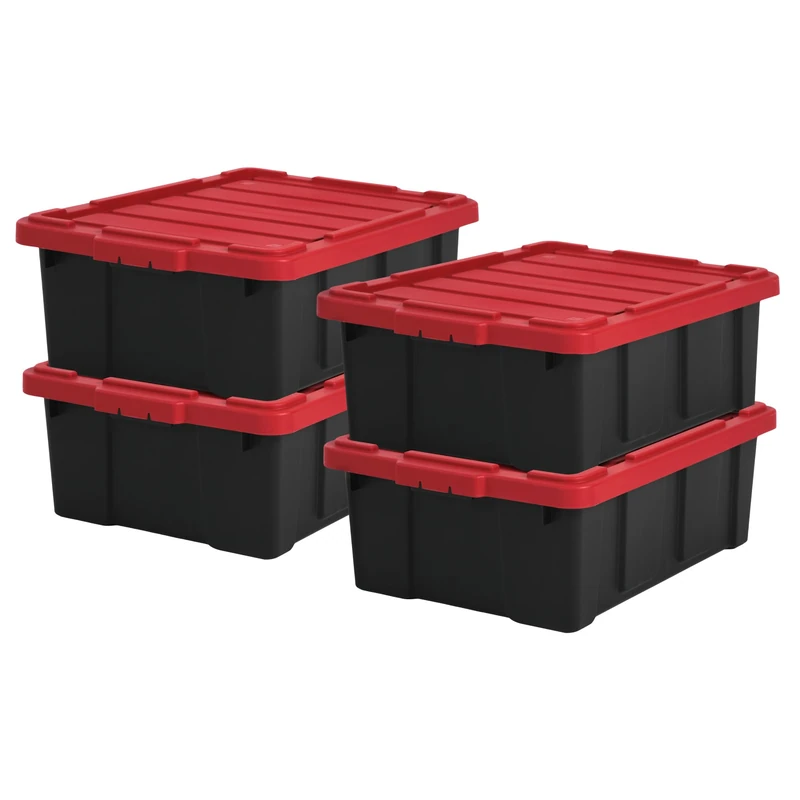 Iris Ohyama, Garage Storage Boxes, Plastic Storage Box with Lids, Closing Clips, 43L/4Pack, BPA Free, Red Lid, W62 x D44 x H22.5cm, DDSKT-430