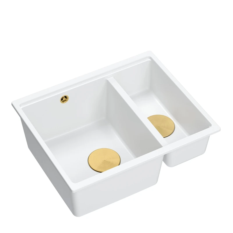 QUADRON Double Bowl Sink, Kitchen Sink, Size 55.5 x 46 x 22 cm, White & Gold Pvd, Logan 150 Granite Granite Sink, Double Sink Kitchen, Cabinet Undermount from 60 cm, Undermount Sink