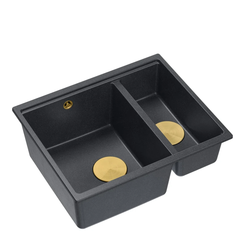 Quadron Logan 150 Kitchen Sink, 2-Chamber Sink, Dimensions: 55.5 x 46 x 22 cm, Cabinet Undermount from 60 cm (Black + Gold PVD (Undermount Basin))