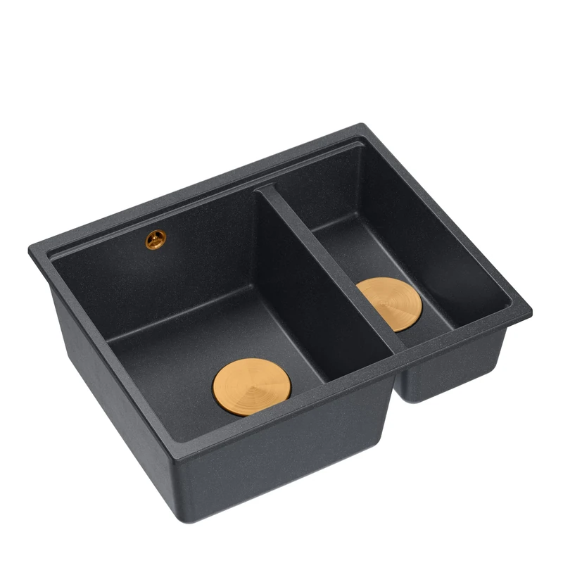 QUADRON Double Bowl Sink, Kitchen Sink, Size 55.5 x 46 x 22 cm, Black & Copper, Logan 150 Granite Granite Sink, Double Bowl Sink, Cabinet Undermount from 60 cm, Built-in Sink