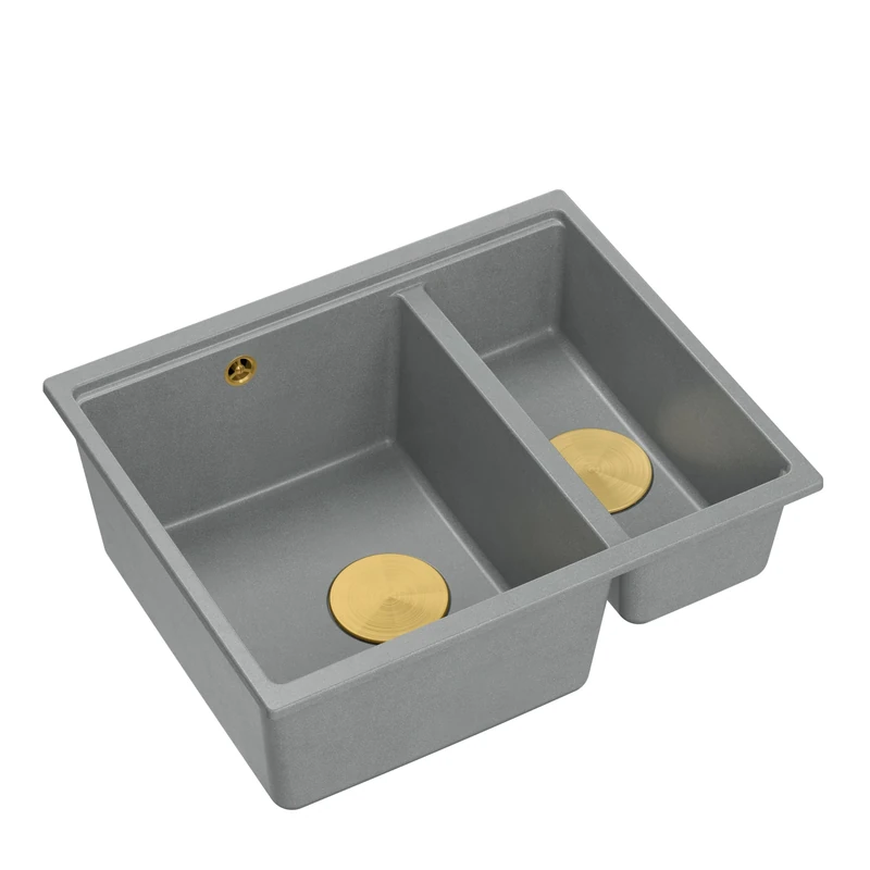 QUADRON Double Bowl Sink, Kitchen Sink, Size 55.5 x 46 x 22 cm, Grey & Gold, Logan 150 Granite Granite Sink, Double Sink Kitchen, Cabinet Undermount from 60 cm, Built-in Sink