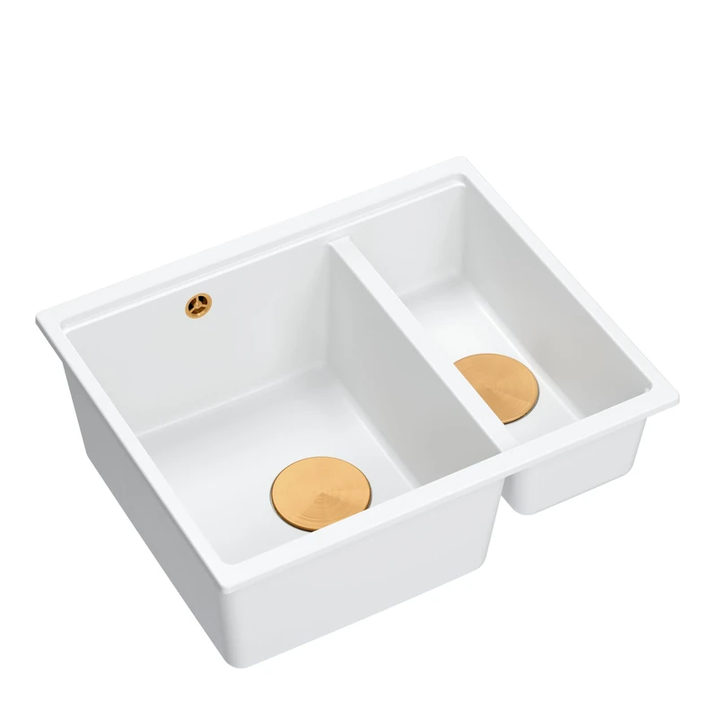 Quadron Logan 150 Kitchen Sink, 2-Chamber Sink, Dimensions: 55.5 x 46 x 22 cm, Cabinet Undermount from 60 cm (White + Copper PVD (Built-in Sink))