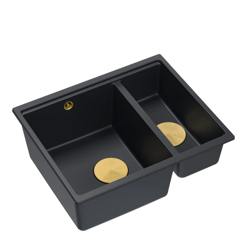 QUADRON Double Bowl Sink, Kitchen Sink, Size 55.5 x 46 x 22 cm, Pure Carbon & Golden, Logan 150 Granite Granite Sink, Double Bowl Sink, Cabinet Undermount from 60 cm, Built-in Sink
