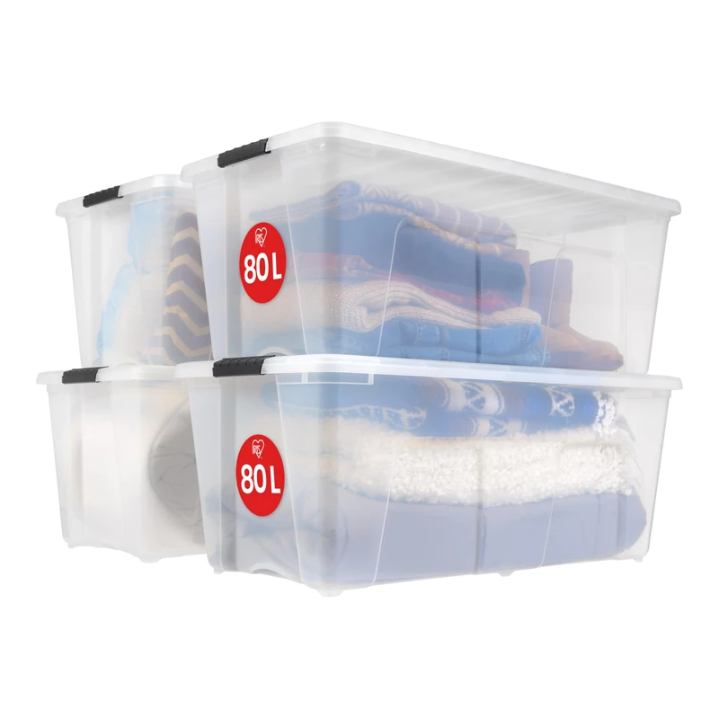 Iris Ohyama, Large Plastic Storage Boxes with Lids, 80L, Set of 4, Clear, Latching Buckles with Handles, Stackable, Nesting, Strong & Durable, For Bedding, Closet, Home, Organising Tote Bins, TB-84D