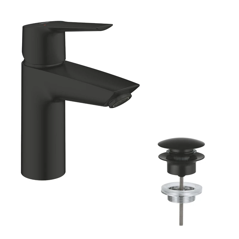 GROHE Start Smooth Body Basin Mixer Tap with Push-Open Pop-Up Waste Set (S-Size 165mm, 28 mm Ceramic Cartridge, Water Saving Mousseur 5.7 l/min, Tails 3/8 Inch), Matt Black 235502432