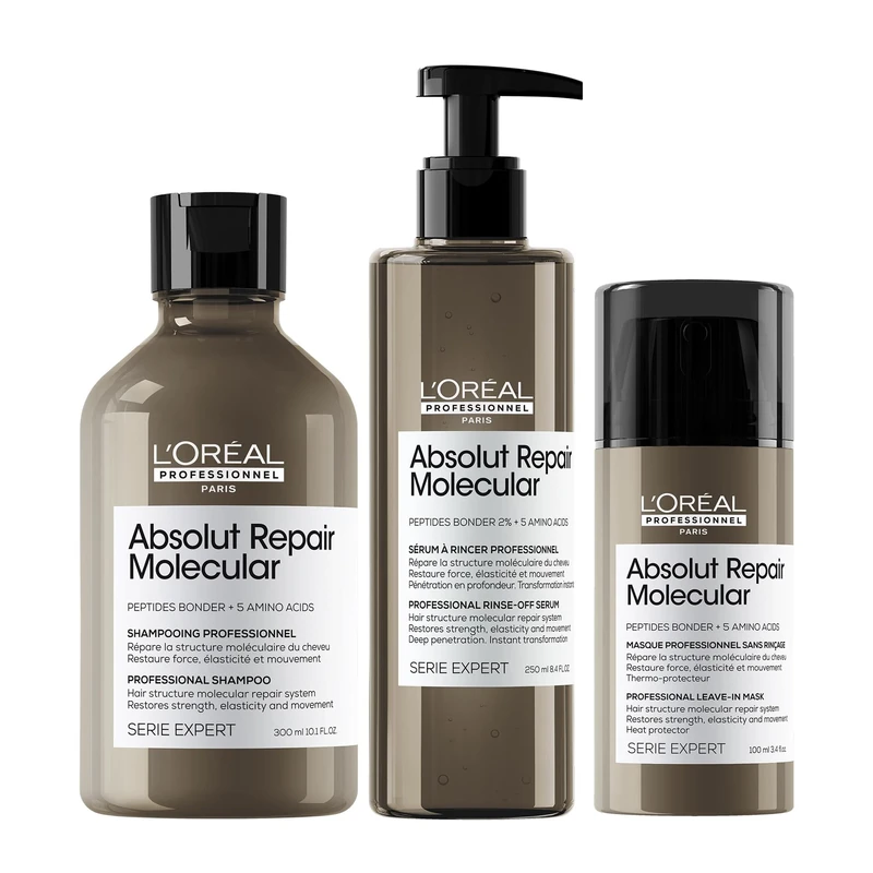 L’Oréal Professionnel Absolut Repair Molecular Shampoo, Rinse-Off Serum, and Leave-In Hair Mask For Extremely Damaged Hair Molecular Bond Repair 300ml, 250ml, 100ml