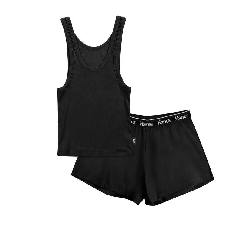 Hanes Women's Originals Comfywear Rib Crop Tank and Sleep Shorts, 2-Piece Set, Black/Black, XL