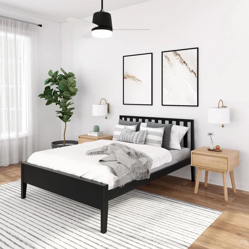 Maxwood Furniture Scandinavian Double Bed Frame with Slatted Headboard, Solid Wood Platform Bed, Black