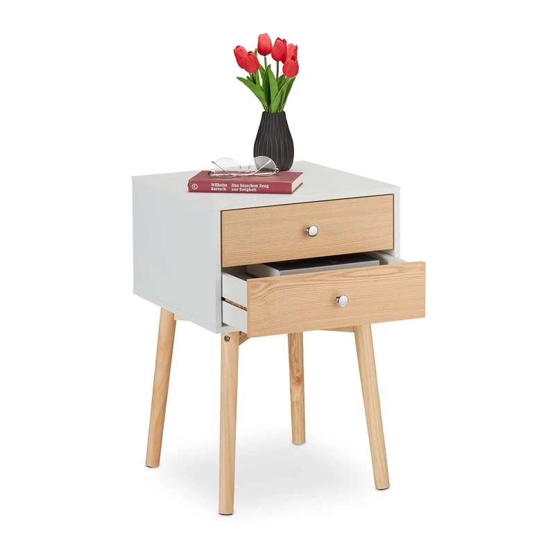 Relaxdays Bedside Table, with 2 Drawers, HWD: 60x40x40 cm, Bedroom Cabinet, Children's Room, Nightstand, White/Natural, Fibreboard, 60 x 40 x 40 cm