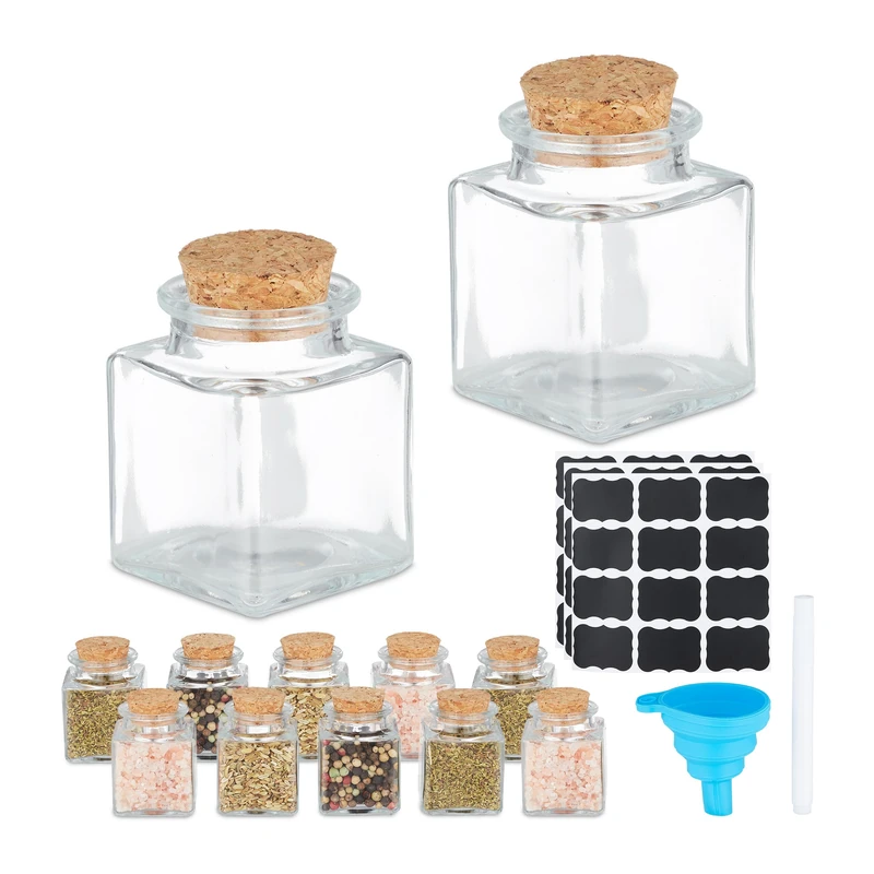 Relaxdays Spice Jars Set of 12, Square Herb Containers, Seasoning Organisation, Cork Lid, Airtight, 50ml, Transparent, 6 x 4.3 x 4.3 cm