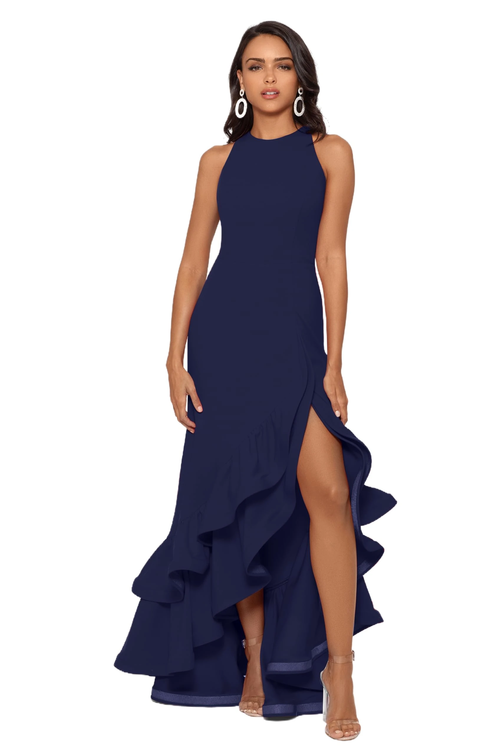Betsy & Adam Women's Floor-Length, Scuba Crepe Dress, with Ruffle Tier Detail (Petite) Special Occasion, Navy, 12