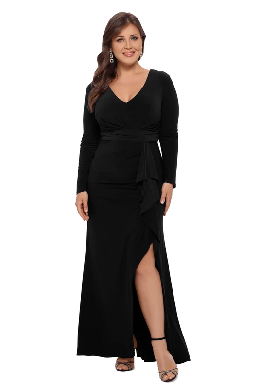 Betsy & Adam Women's Plus Size Long Sleeve V-Neck Stretch Wrap Dress Special Occasion, Black, 20