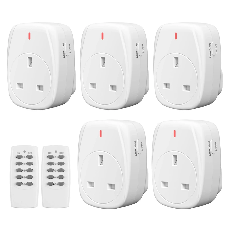HBN Wireless Remote Control Plug Socket UK, 13A/3120W Remote-Control Outlet Sockets for Lamp,Wireless Remotes Light Switch with 30m/100ft Operating Range,5 Pack Sockets and 2Remote