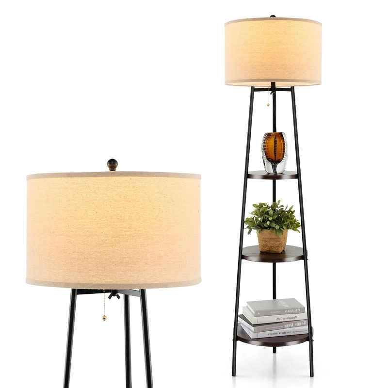 GiantexUK Tripod Floor Lamp with Shelves, Standing Corner Shelf Lamp