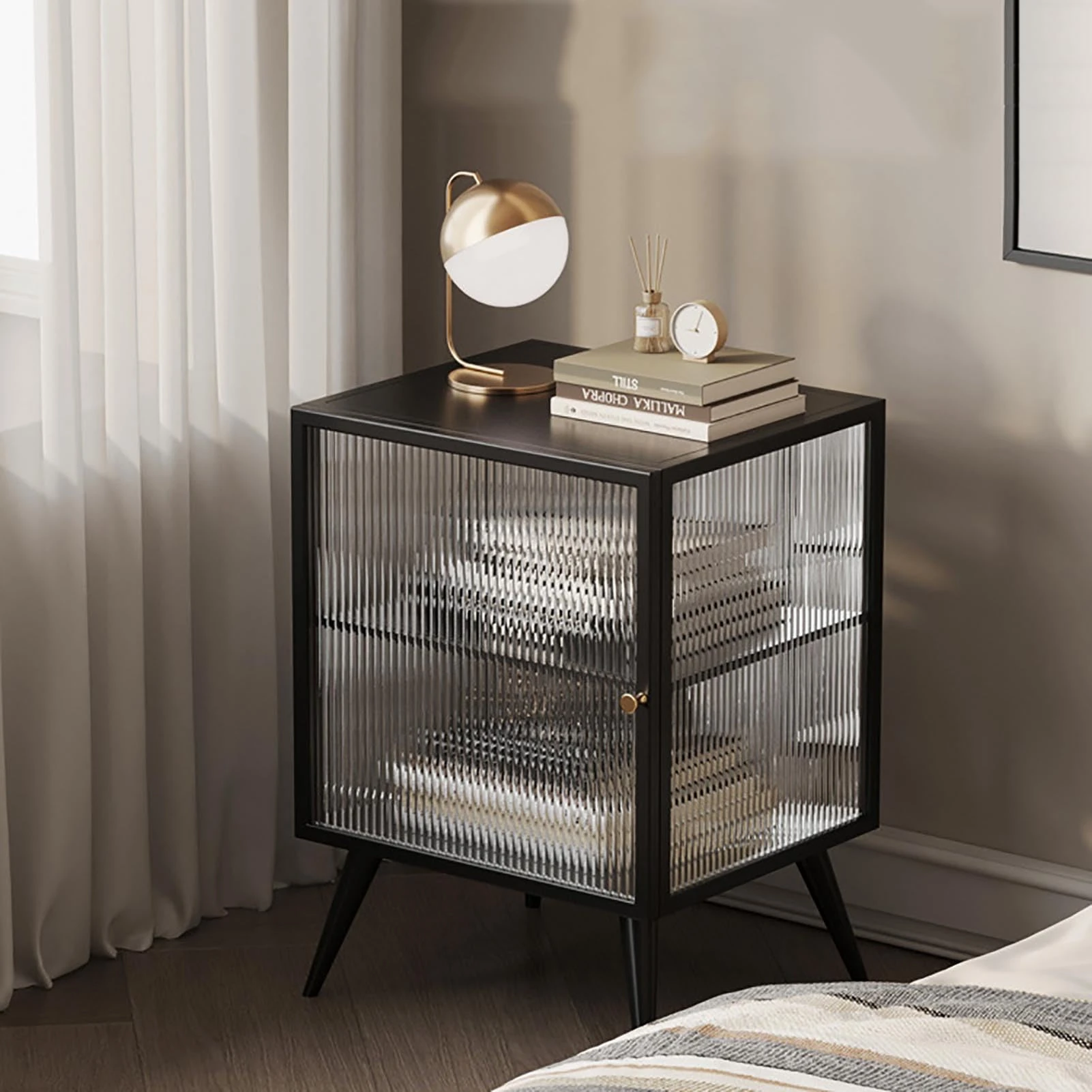 WestUx Minimalist Glass Nightstand End Side Table Sturdy Steel Frame with Drawer Dresser Bedside Furniture for Bedroom Living Room,D,40x35x55cm(16x14x22inch)