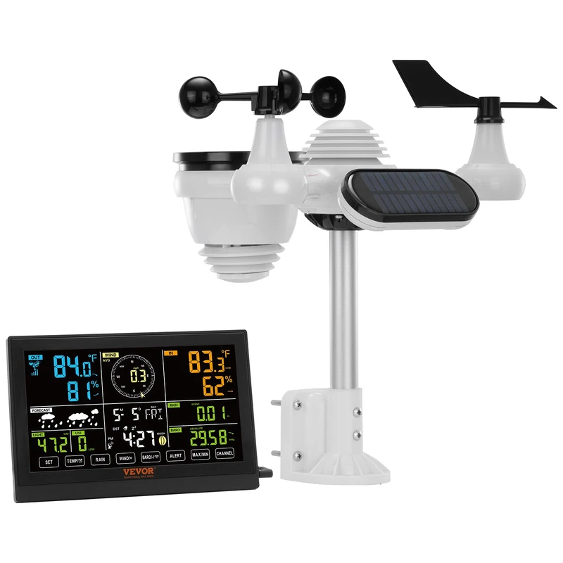 VEVOR 7-in-1 Weather Station Wireless Weather Station with Outdoor Sensor 7.5 Inch Colour Display RCC Atomic Clock for Measuring Wind Direction Wind Speed Air Pressure Indoor/Outdoor Temperature and - Image 1