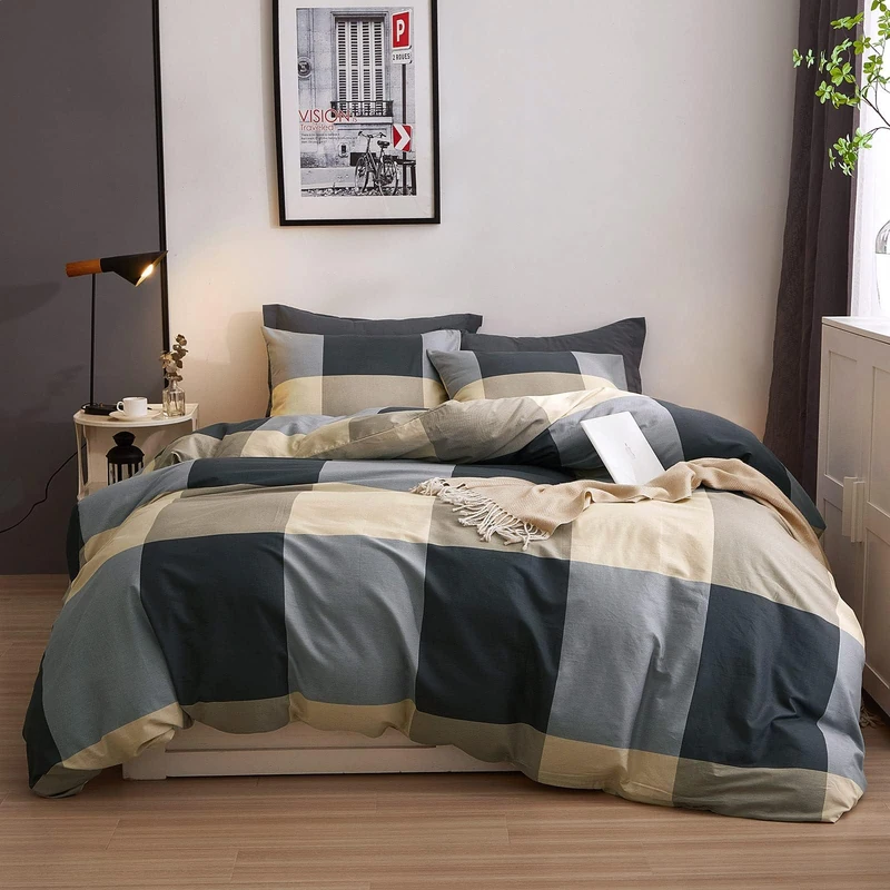VM VOUGEMARKET Cotton Full Duvet Cover Set,3 Pieces Black Gray Plaid Duvet Cover with 2 Pillowcases Modern Simple Checkered Comforter Cover for Teens Boys Men-80x90 Inch