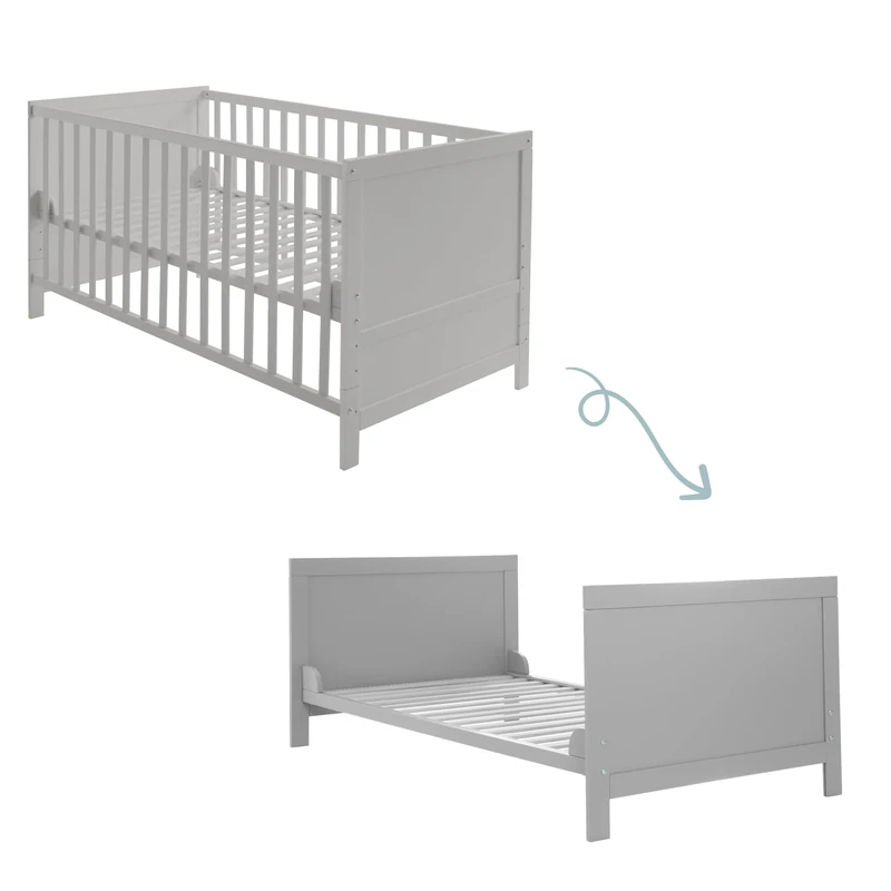 roba Wooden Convertible Cot 70 x 140 cm - Height-Adjustable with 3 Removable Rungs - Baby Bed Convertible to Toddler Bed - Taupe