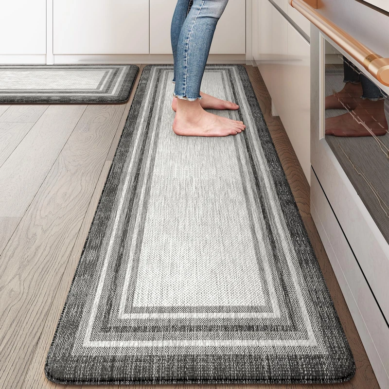 KIMODE Anti Fatigue Kitchen Mats, Non Slip Farmhouse Kitchen Rugs Set of 2, 17"x59"+17"x29", Grey