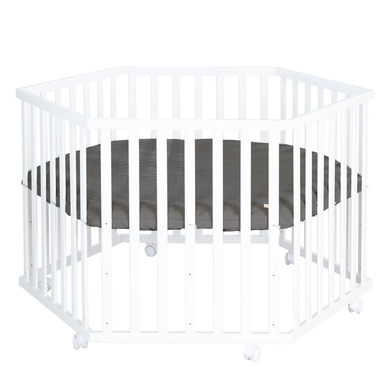 roba Hexagonal Wooden Playpen - White Mobile Baby Play Yard