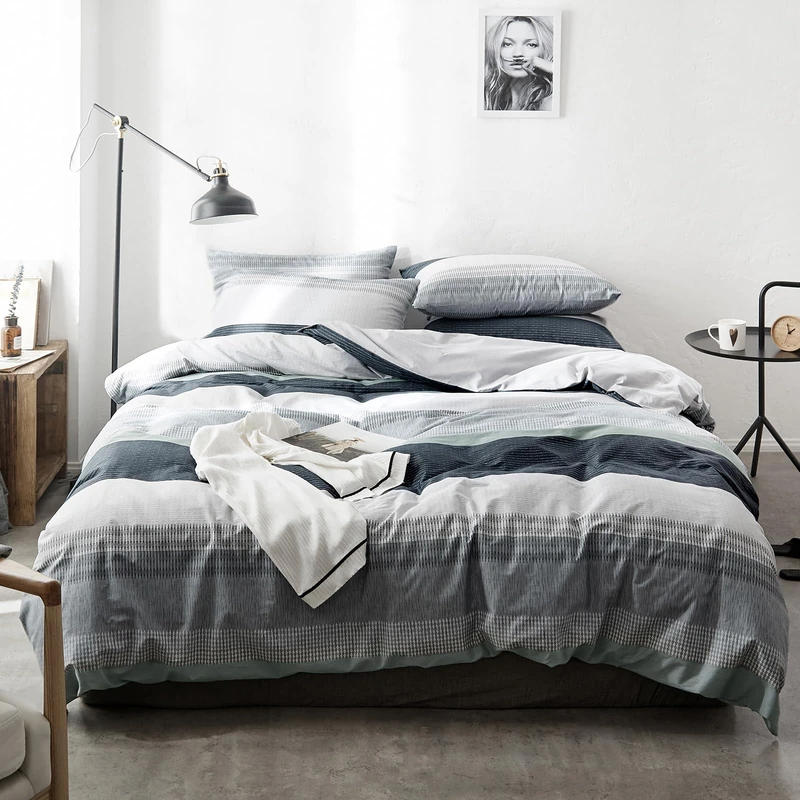 VM VOUGEMARKET Striped Duvet Cover Full,3 Pieces Blue Gray Duvet Cover Sets-100% Cotton Modern Simple Comforter Cover with Zipper for Teens Boys Men-80x90 Inch