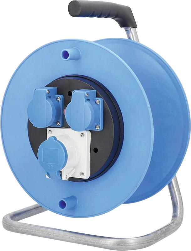 as - Schwabe Camping Cable Reel Empty for Approx. 25 m Cable 3G2.5, 3 Sockets with Hinged Lids, for Outdoor Use with IP44, Blue, 10179