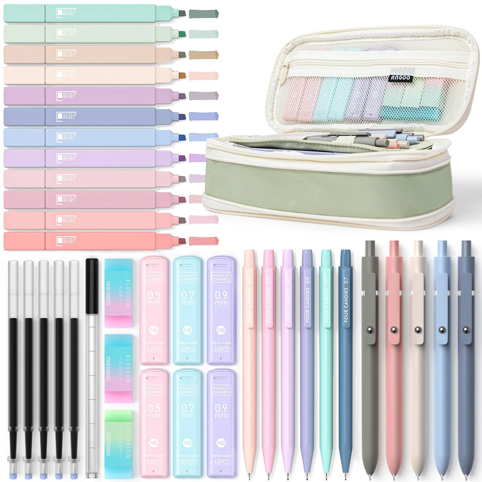 Four Candies 39 PCS Aesthetic School Supplies with Cute Pen Case, 12 Pastel Highlighters, 5 Black Ink Gel Pens, 6 Mechanical Pencils Set 0.5 & 0.7 mm for Students Stationery College Essentials (Green)
