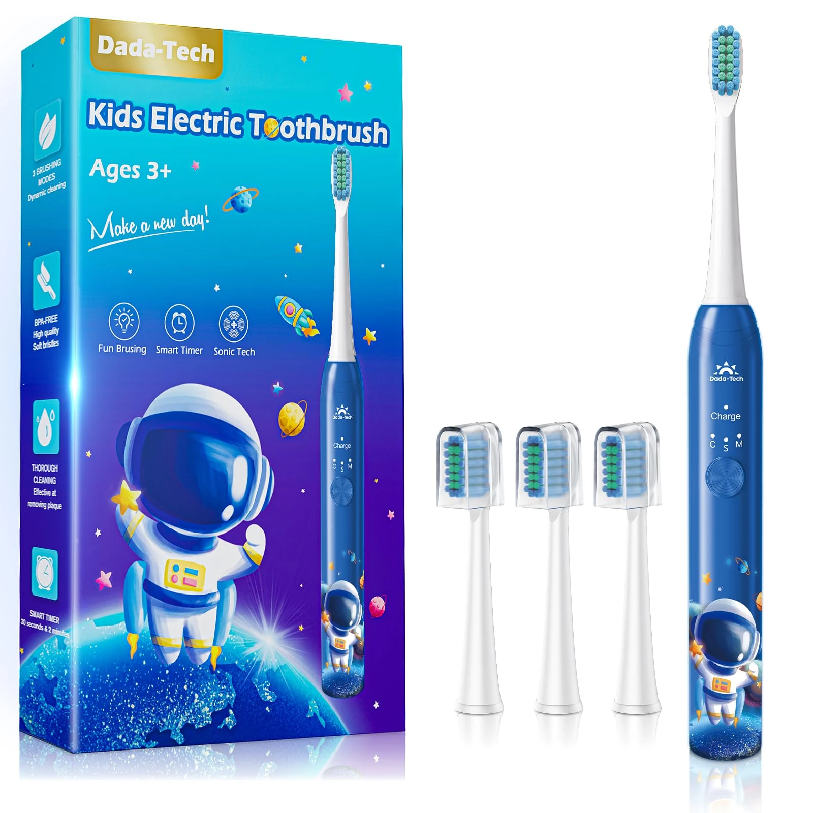 Childrens Electric Toothbrush Kids Electric Toothbrush 3-5-6-12 Rechargeable with Timer 3 Modes Habit-Forming Stickers 31000VPM Power Junior Electric Tooth Brush (Astronaut Blue)