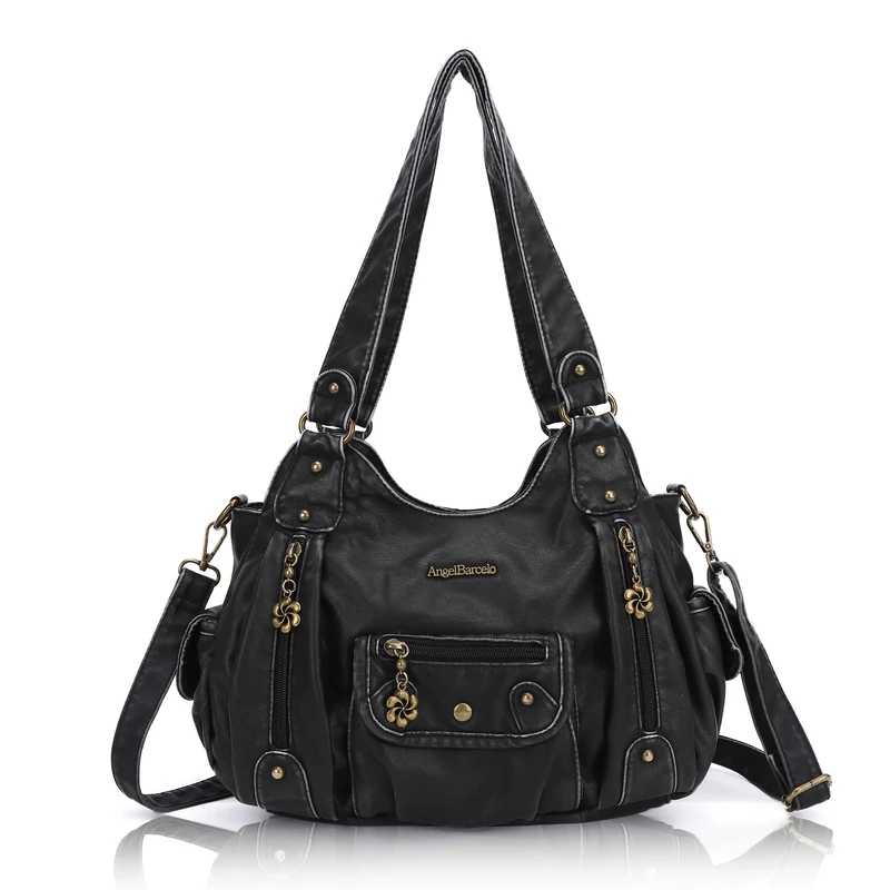 Angel Barcelo Womens Purses and Handbags PU Leather Shoulder Bag Fashion Hobo Bags for Girls, Black-1